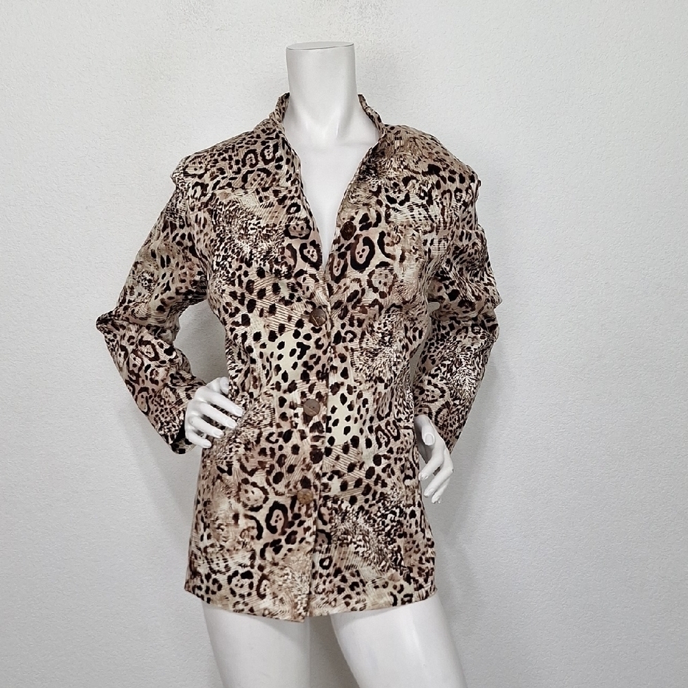 Chico's Brown Black Leopard Animal Print Mobwife Three Button Front Jacket Sz. L